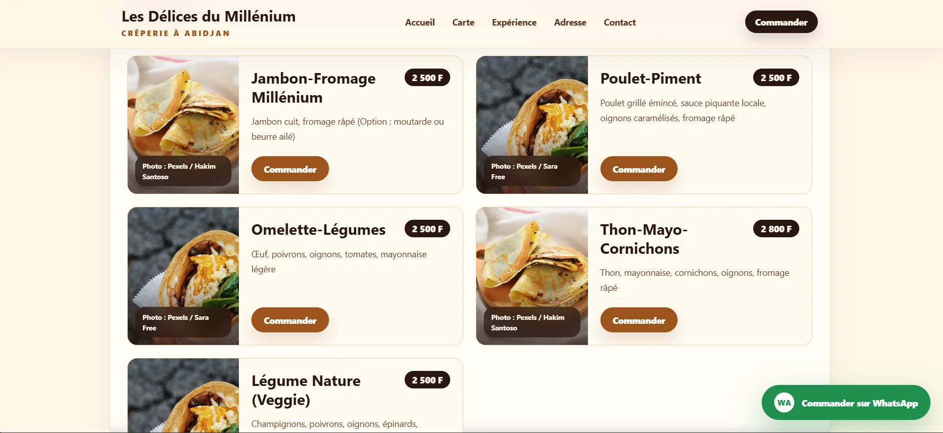 Carte digitale de crêpes salées avec photos et prix