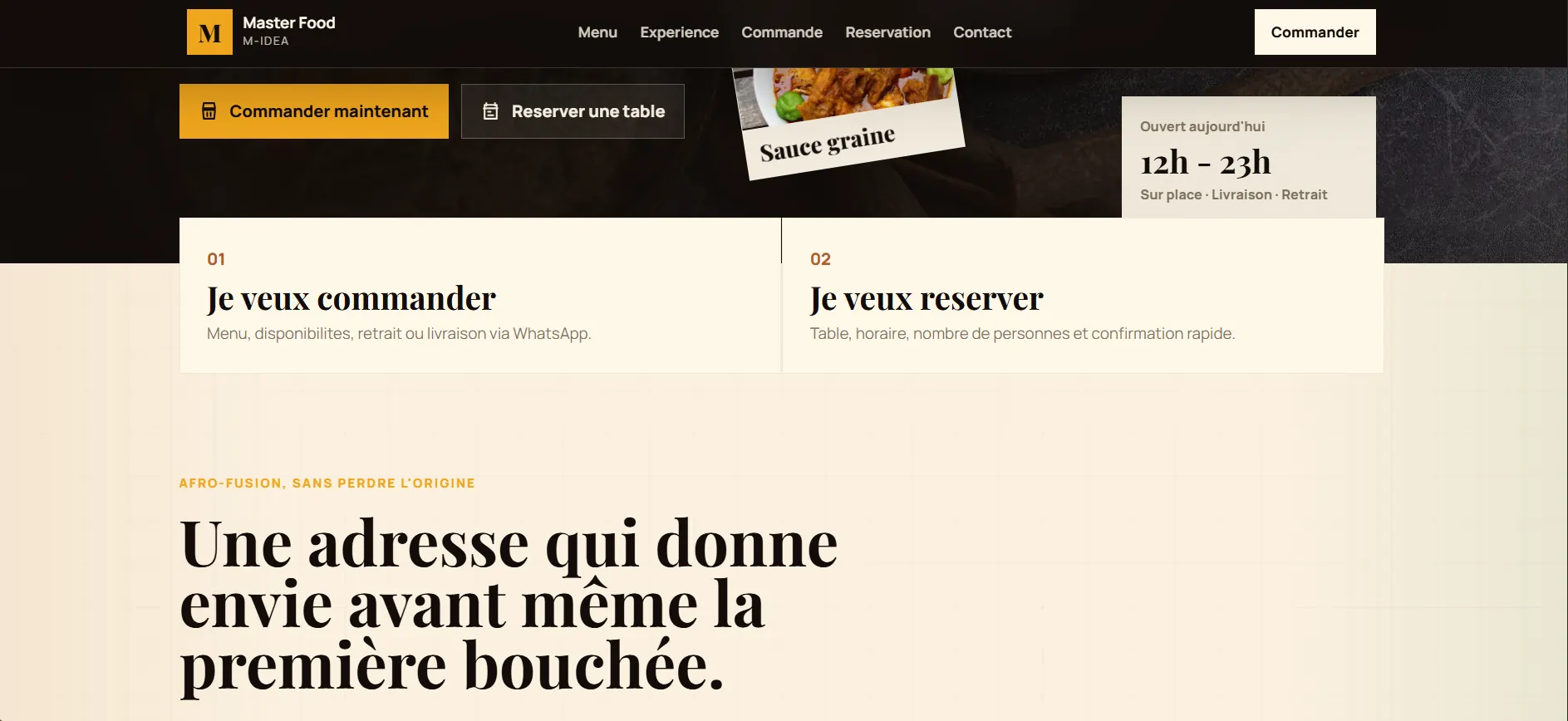 Site restaurant avec actions commander et réserver