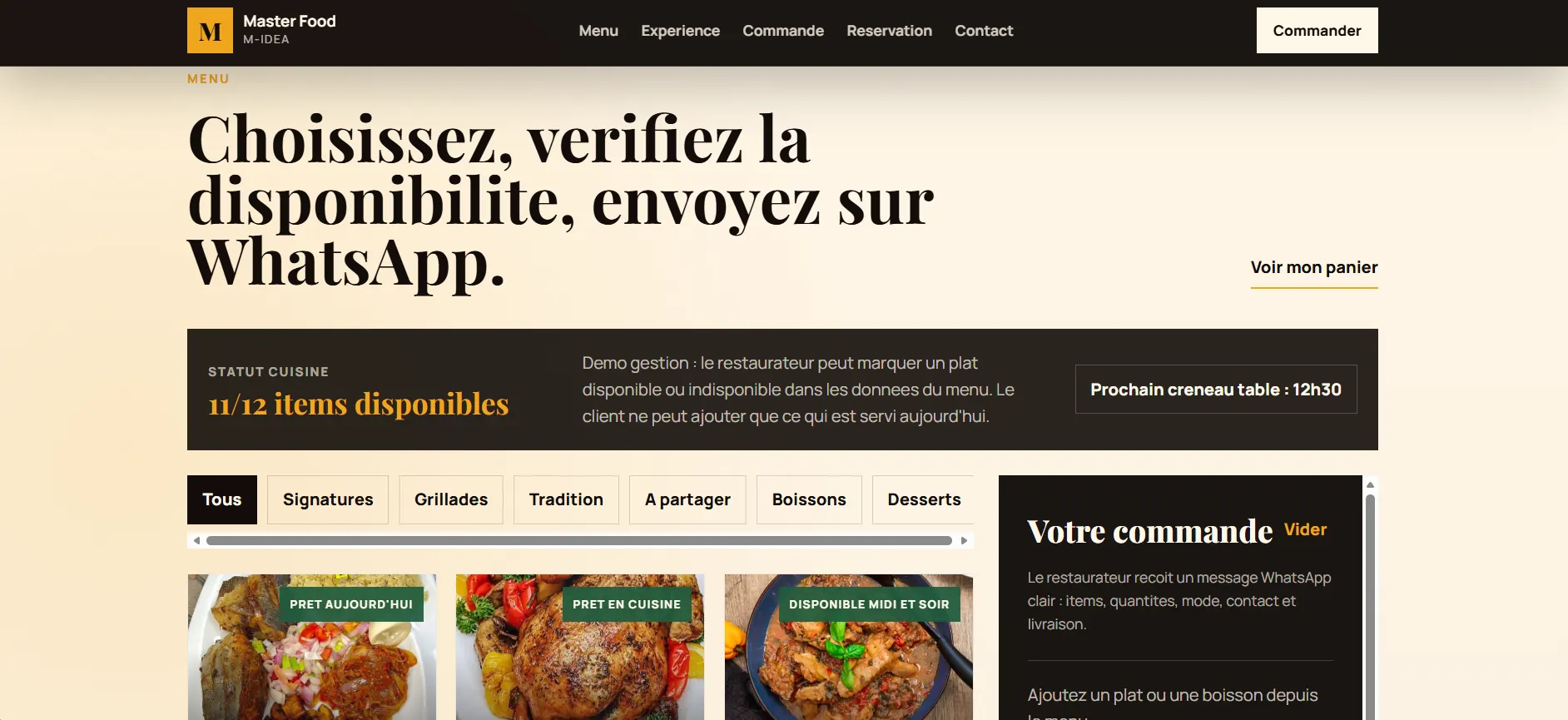 Démonstration d’un menu restaurant avec catégories, plats et panier visible
