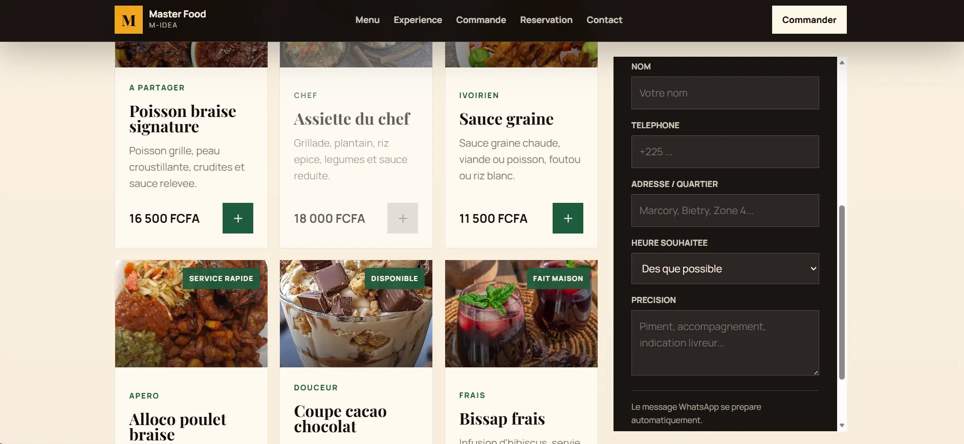 Menu restaurant avec panier et formulaire de commande
