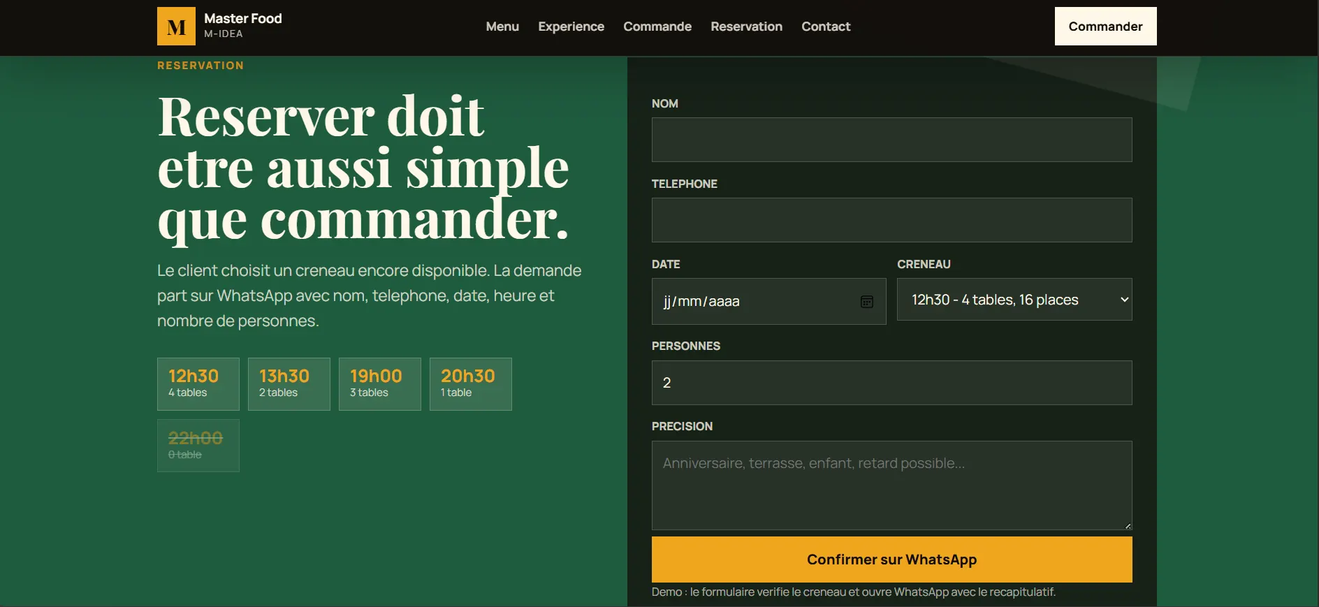 Interface de réservation avec créneaux et formulaire de confirmation